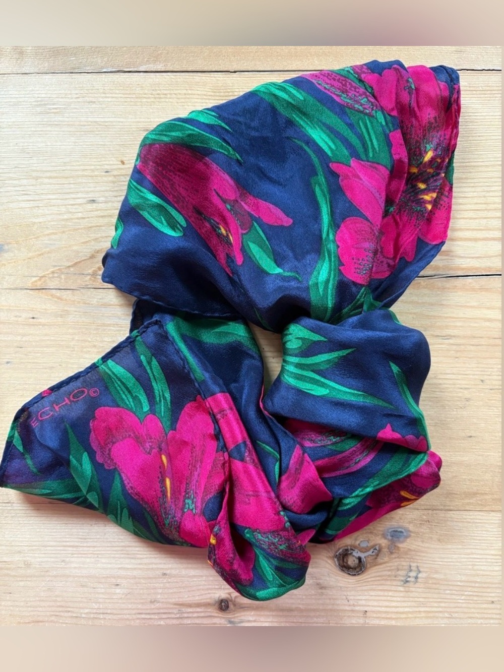 Vintage Silk Ecco Floral Silk Scarf Navy Blue Fusia Yellow Green